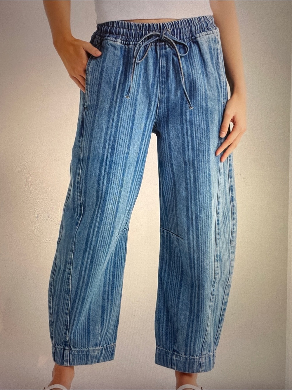Damson Madder Felix Laser Stripe Barrel Leg Drawstring Jeans Sz 10